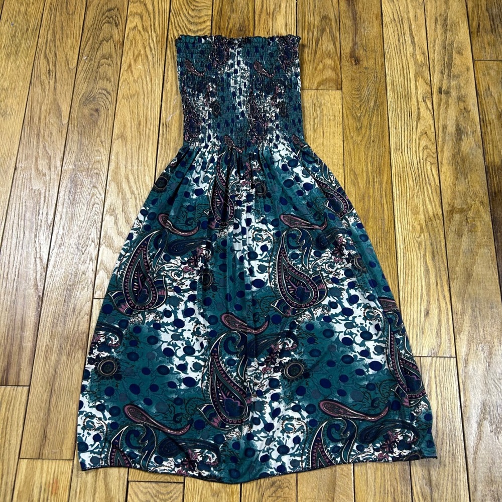 Carnival Fashion Boho Paisley Smocked Strapless Maxi Dress Teal Blue - Picture 2 of 3